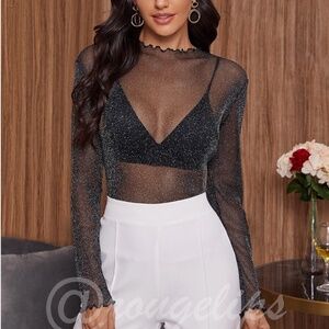 Black Lurex Glitter Mesh Lettuce Trim Collar Long Sleeve Pullover Top Shirt